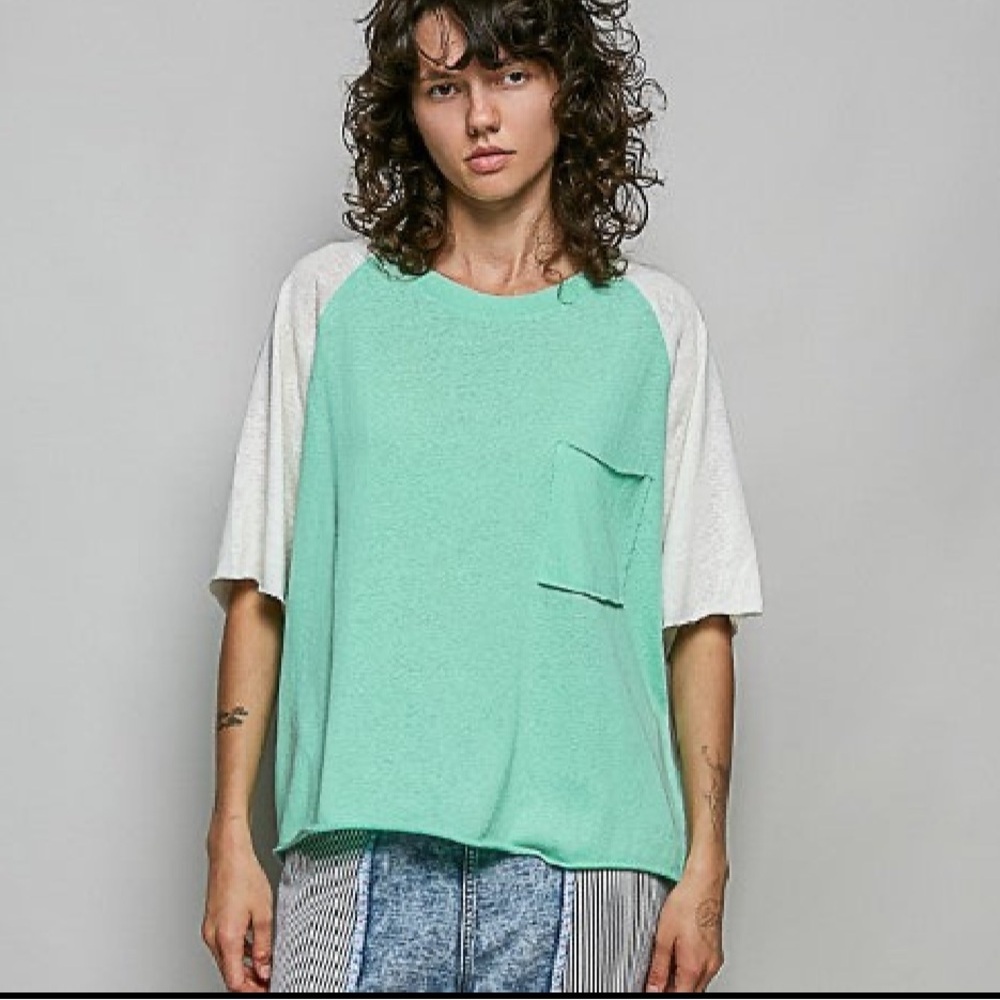 POL.  Mint Green and White Women's Top